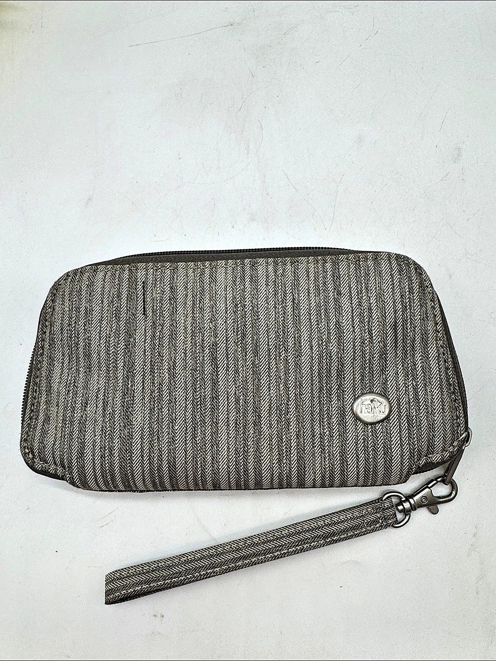 haiku Intrepid RFID Wallet Striped Wristlet in Gray & Green